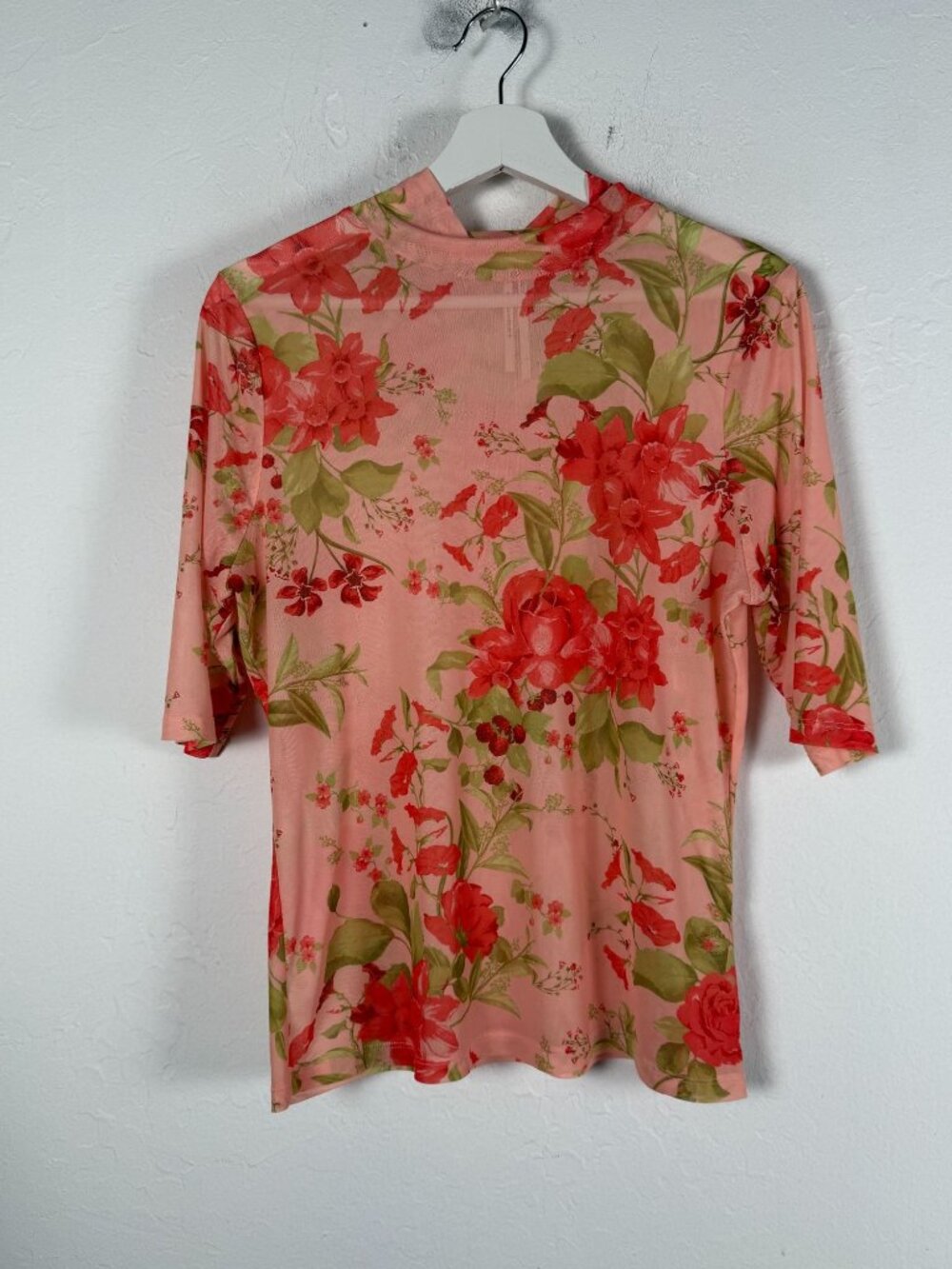 By Anthropologie Women’s Pink Floral Sheer Mesh Half-Sleeve Mock Neck Top Large